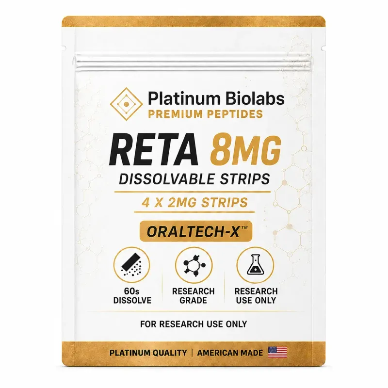 Reta 8mg Dissolve Strips research peptide vial — 99%+ purity, third-party tested, made in the USA